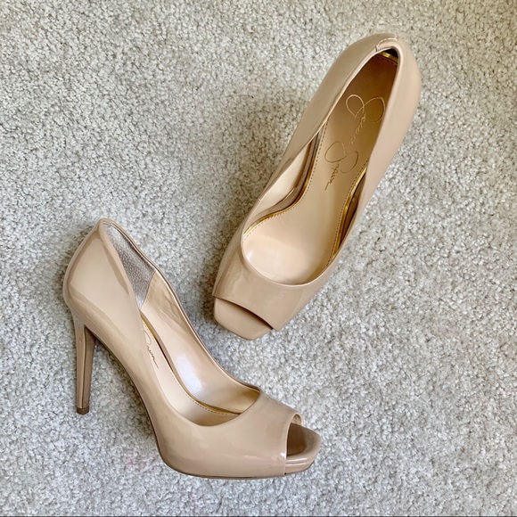JESSICA SIMPSON Nude Patent Leather Peep Toe Heels - Picture 2 of 10